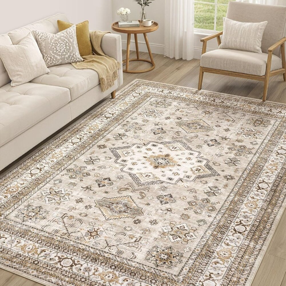 6x9 Beige Vintage Area Rug, Soft Washable Oriental Distressed Carpet for Home